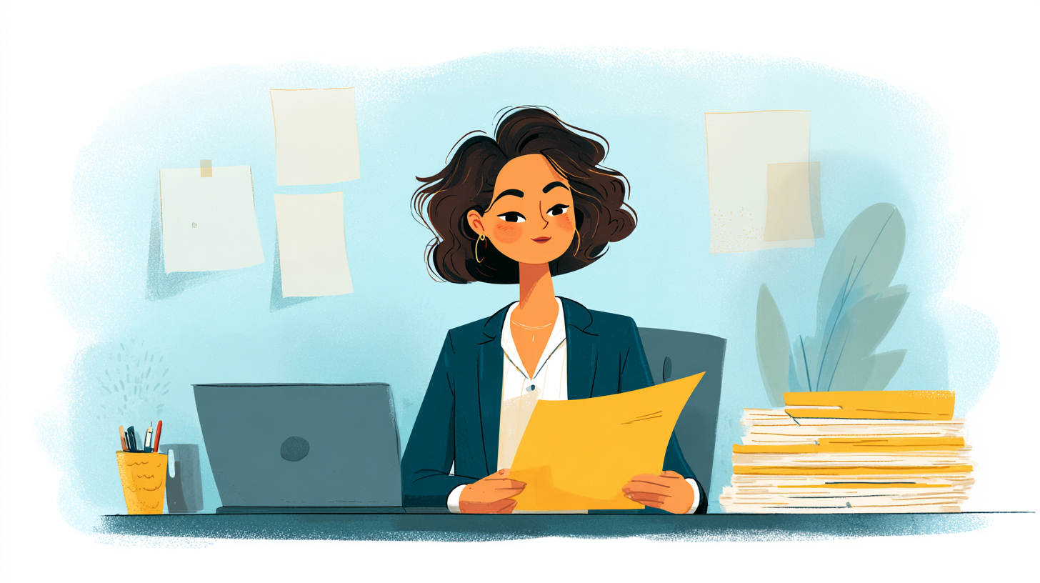 A confident professional woman sitting at her desk, reviewing important paperwork with a calm, focused expression, surrounded by organized folders and a laptop