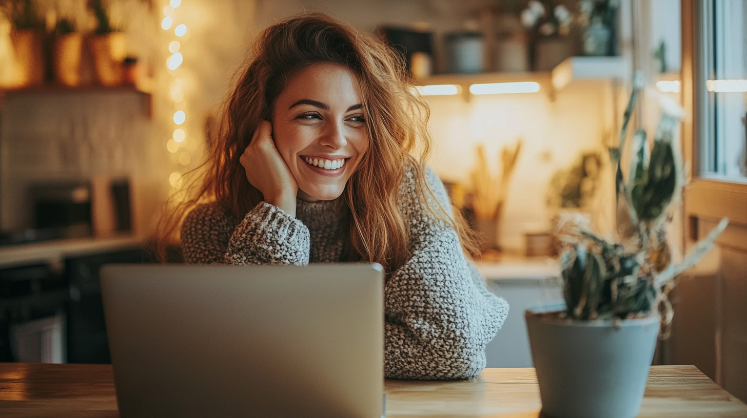 A confident woman smiling at her laptop after increasing her savings automation, cozy home setting, glowing with empowerment and clarity
