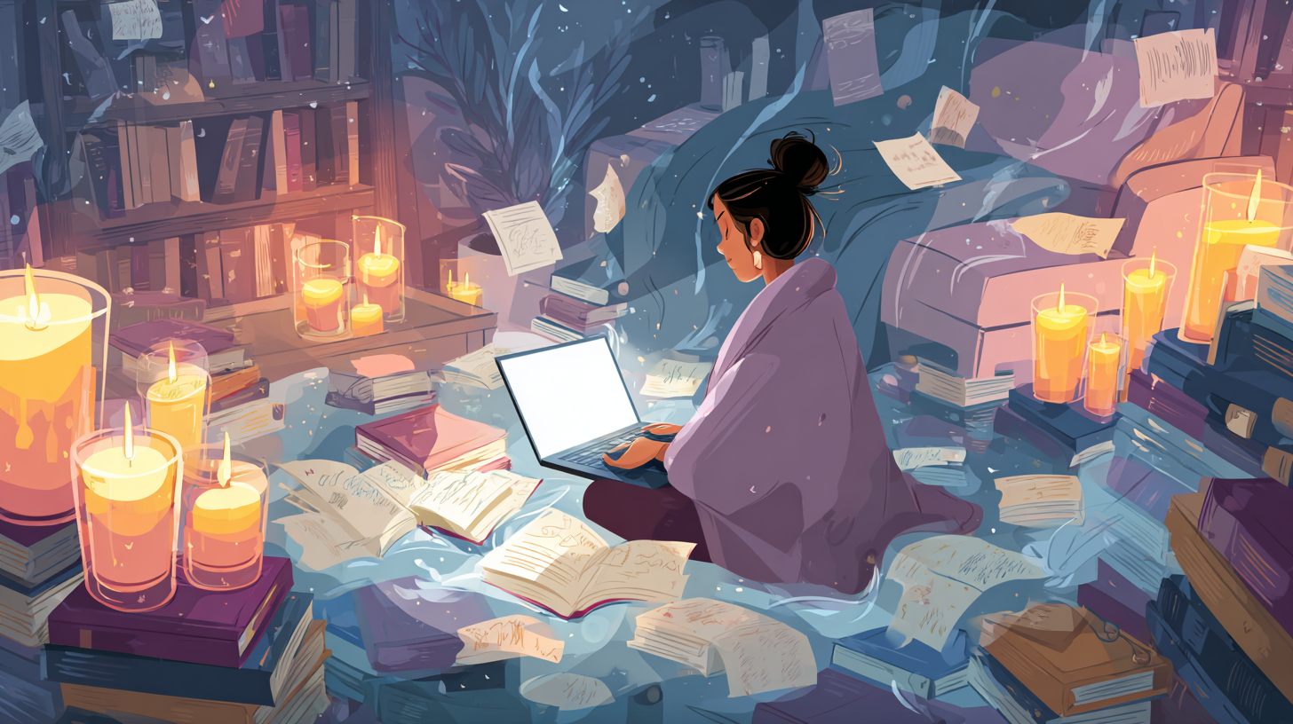 A confident woman working on her laptop surrounded by books, candles, and affirmations, symbolizing personal and professional growth with cozy, empowering energy