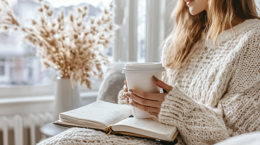 A stylish woman in her 30s starting her day with coffee, journaling her financial goals in a clean, cozy space. Bright light, soft aesthetic, empowering feminine energy