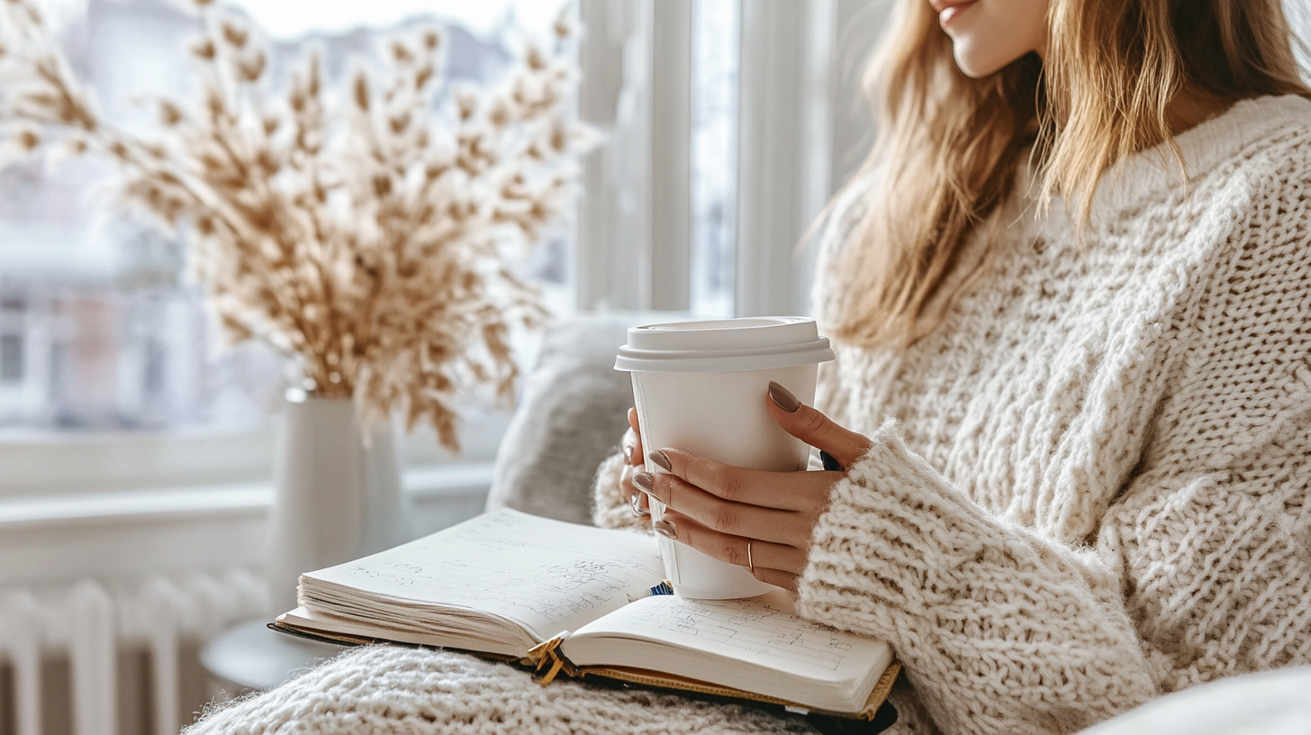 A stylish woman in her 30s starting her day with coffee, journaling her financial goals in a clean, cozy space. Bright light, soft aesthetic, empowering feminine energy