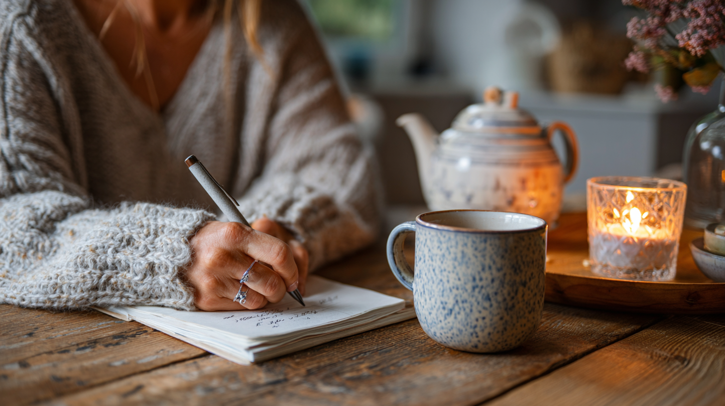A stylish woman journaling her financial goals at a cozy desk with candlelight and tea, creating a calm and empowered atmosphere for her personal money review