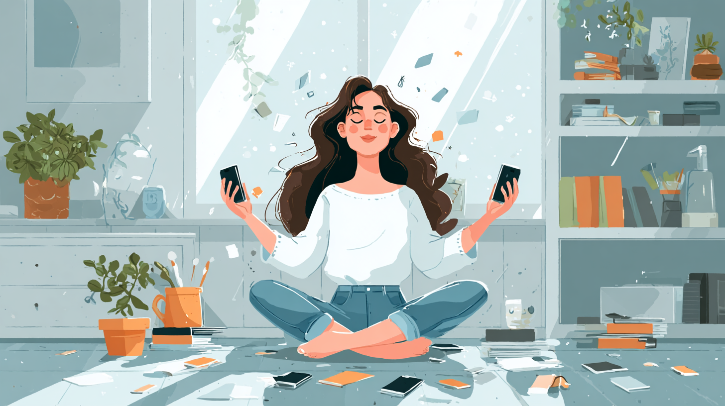A woman smiling as she deletes apps or clears clutter from her life, symbolizing letting go of what no longer serves her. Bright, peaceful, minimalist vibe