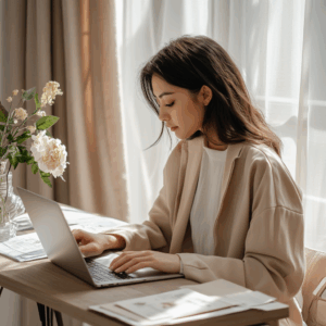 A woman at her laptop reviewing finances, canceling subscriptions. She looks empowered, focused, and stylish. The scene is clean, minimal, modern, and feminine
