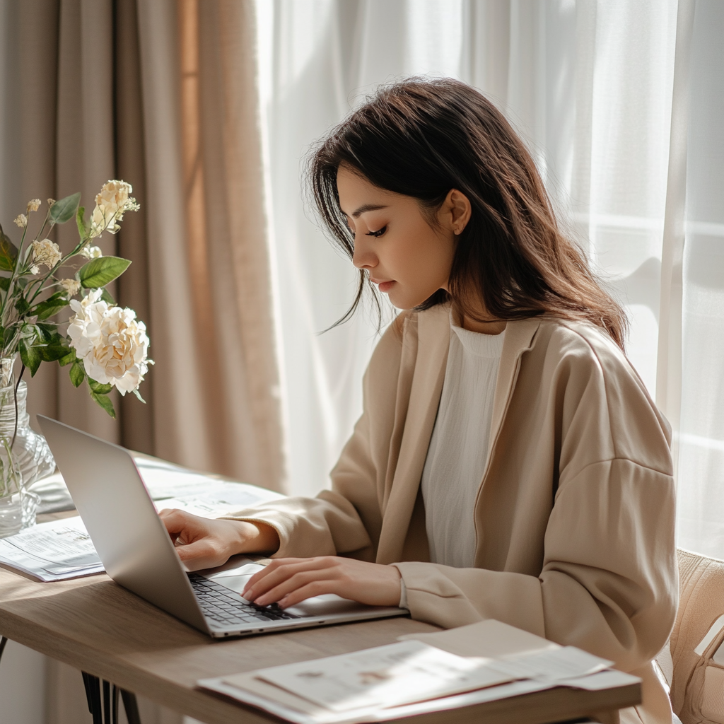 A woman at her laptop reviewing finances, canceling subscriptions. She looks empowered, focused, and stylish. The scene is clean, minimal, modern, and feminine