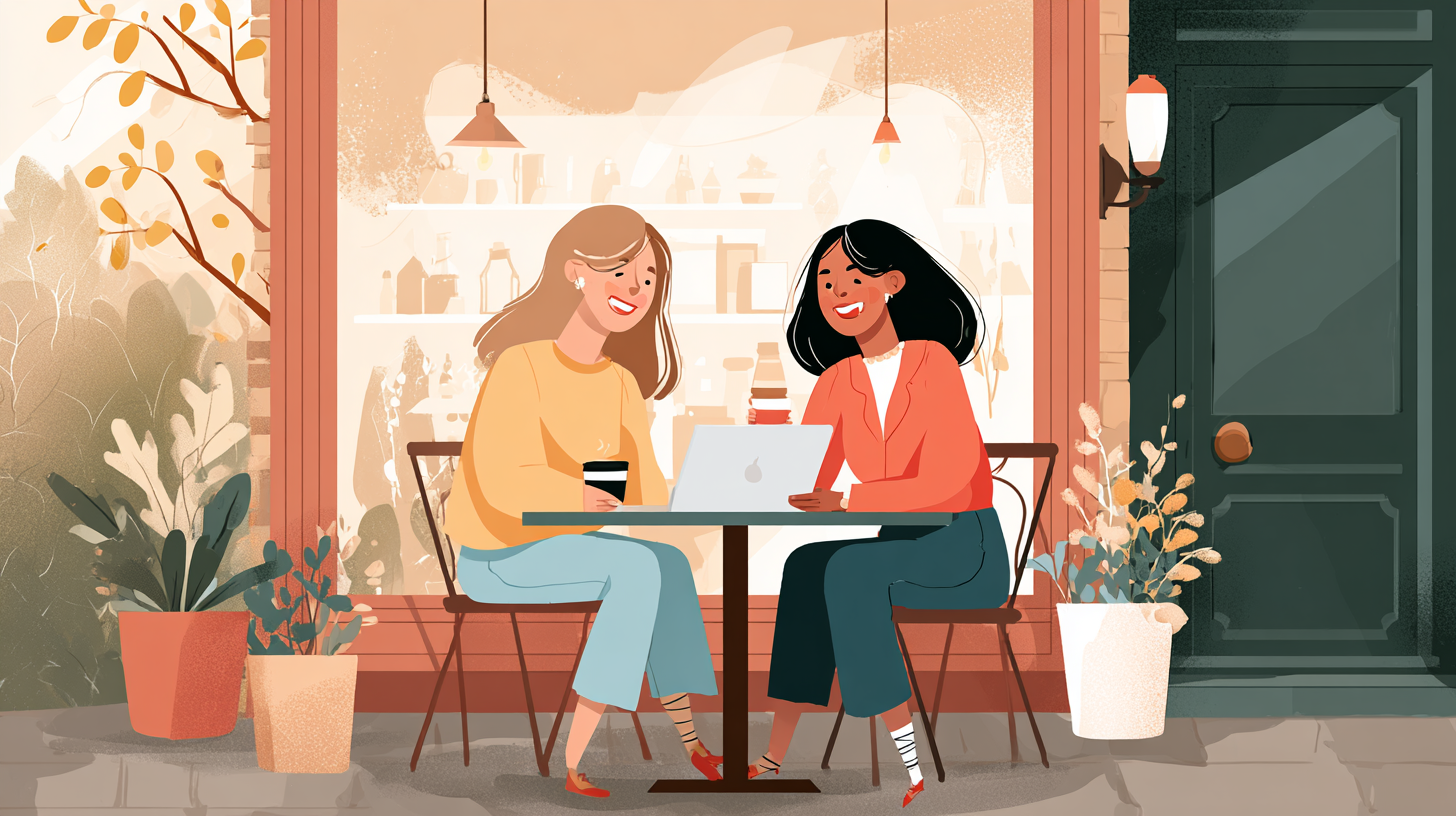 Two women sitting at a cozy coffee shop table, laughing and sharing a laptop, symbolizing support, accountability, and financial empowerment