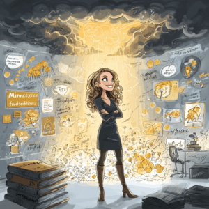 A cartoon of a confident, powerful woman standing in a glowing, futuristic room filled with floating symbols of wealth (money trees, gold coins, affirmations in glowing text like "abundance," "growth mindset," "financial freedom"). She’s surrounded by vision boards, neural pathways made of light, and books about money. In the background, a stormy sky is breaking into sunshine to symbolize a mindset shift. Style: cinematic, high contrast, soft glow lighting, empowering mood digital art, concept illustration.