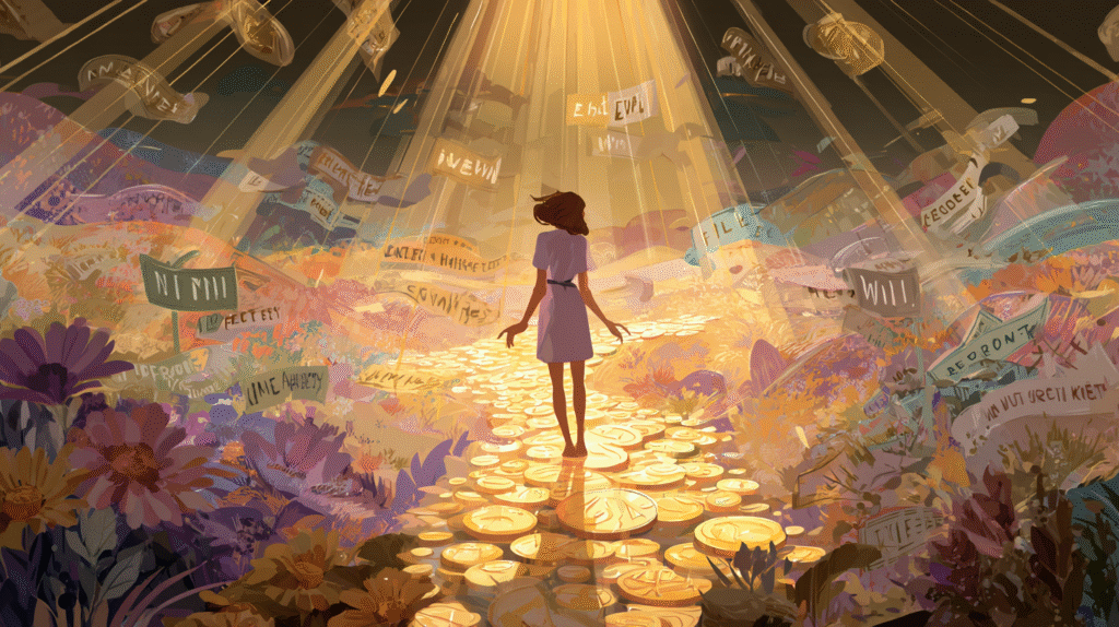 A confident woman standing in the middle of a glowing path, leaving behind a dark, cluttered past labeled with phrases like "money is evil" and "I’ll never be rich", walking toward a radiant, open landscape symbolizing abundance — light beams, blooming flowers made of coins, financial symbols subtly embedded in nature, golden hour lighting, ethereal glow, empowerment, feminine energy, high detail, cinematic lighting, ultra realistic