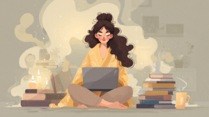 A confident woman working on her laptop surrounded by books, candles, and affirmations, symbolizing personal and professional growth with cozy, empowering energy cartoon