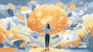 A vibrant cartoon-style illustration of a confident woman standing in front of a glowing brain-shaped tree made of money and lightbulbs, surrounded by symbols of abundance (coins, books, graphs, vision boards), uplifting atmosphere, pastel tones, clear blue sky, representing mindset shifts and financial empowerment