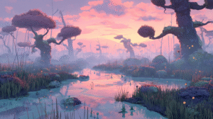 A whimsical cartoon-style bog at sunrise, soft pastel colors, foggy marshland with cute moss-covered trees, glowing water, playful critters like frogs and fireflies, fantasy storybook vibe, wide cinematic shot