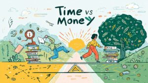 Cartoon-style illustration showing the concept of "Time vs. Money" as two characters balancing on a seesaw — one side representing TIME (with books, clock, calendar, healthy habits) and the other side representing MONEY (with cash, coins, laptop, investments). The background shows a pathway leading to GROWTH, symbolized by a bright sunrise, flourishing tree, and upward arrows. Playful, modern cartoon aesthetic, bold outlines, vibrant colors, motivational and inspiring mood.