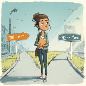 Cartoon-style illustration of a young professional woman standing at a fork in the road. One path is marked “RAP – 30 Years” and stretches far into the distance, while the other is marked “PSLF – 10 Years” and leads to a bright finish line. She looks determined but thoughtful, holding a folder labeled “Student Loans.” The scene is modern, educational, and empowering.