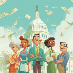 A diverse group of people (a retiree, a waitress, a business owner, and a CPA with paperwork) standing in front of the U.S. Capitol building, smiling as dollar bills and tax forms float in the air. Bright, approachable financial theme.