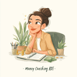 Cartoon-style illustration of a confident woman sitting at a desk with money growing like plants around her, holding a notebook labeled "Money Coaching ROI." She looks empowered and calm, with bright colors, clean minimal background, modern businesswoman vibe