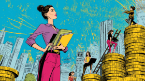 Empowered cartoon-style woman standing tall on a stack of gold coins, confidently holding a financial strategy book in one hand and a laptop in the other, surrounded by diverse women climbing ladders labeled ‘Mindset,’ ‘Cash Flow,’ and ‘Investments.’ Bright, bold colors, comic book-style outlines, dynamic upward movement, inspirational cityscape background, modern female empowerment vibe