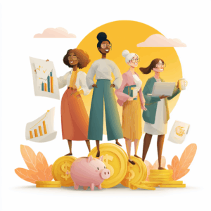 three confident, diverse women standing on giant gold coins, one holding a laptop, one with arms crossed, one raising a fist in victory, bright sunrise behind them, floating money icons, graphs, and piggy banks, bold outlines, vibrant flat colors, minimal detail for clear readability at small size, empowering and uplifting